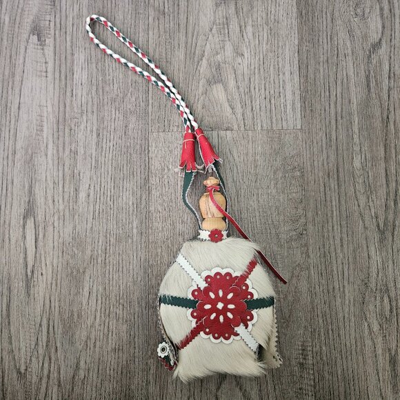 Vintage Hungarian Leather & Cowhide Decorative Canteen Flask – Red Green White - Picture 1 of 9